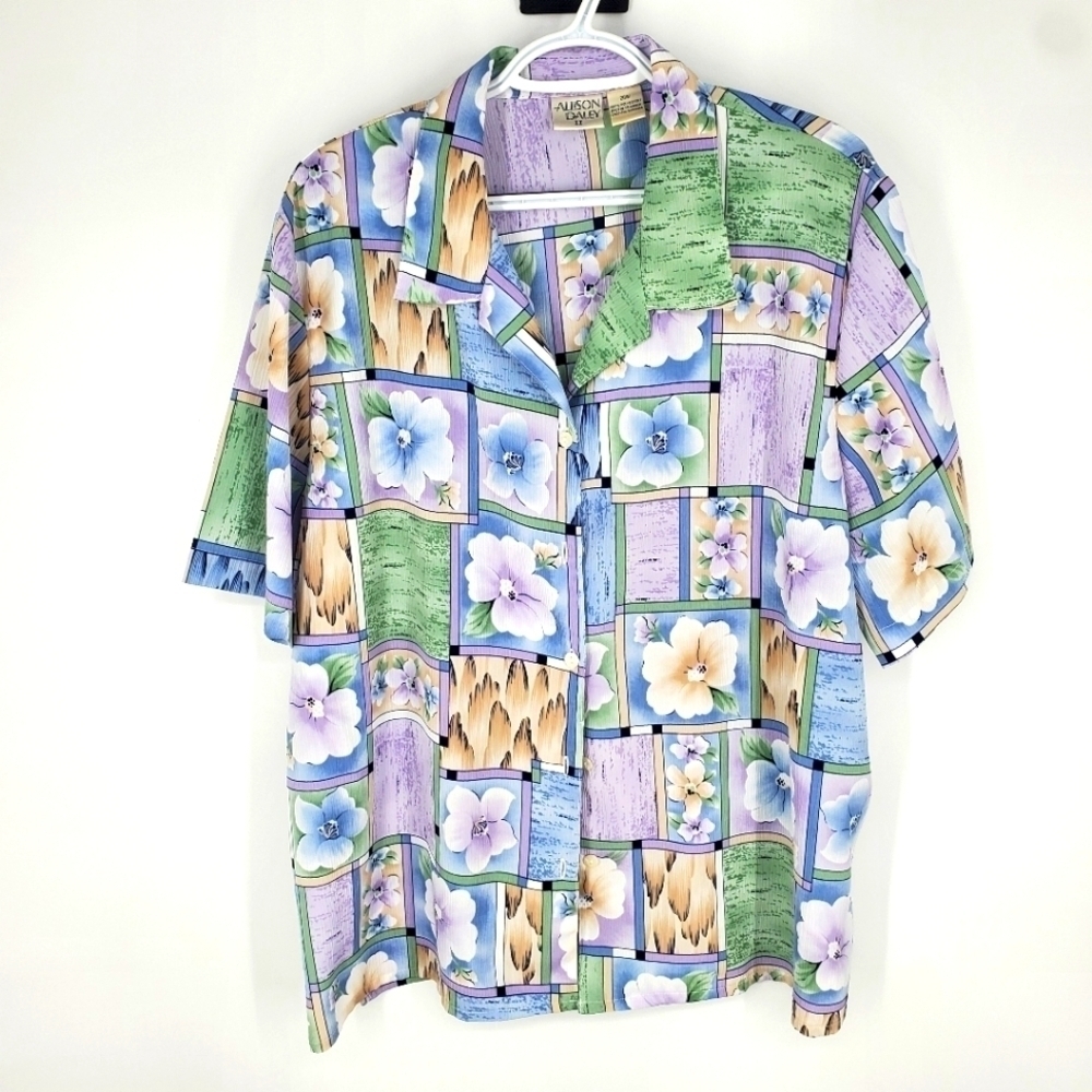 Allison Daley Pastel Floral Crinkle Polyester Button Blouse Women 20W Shirt Top